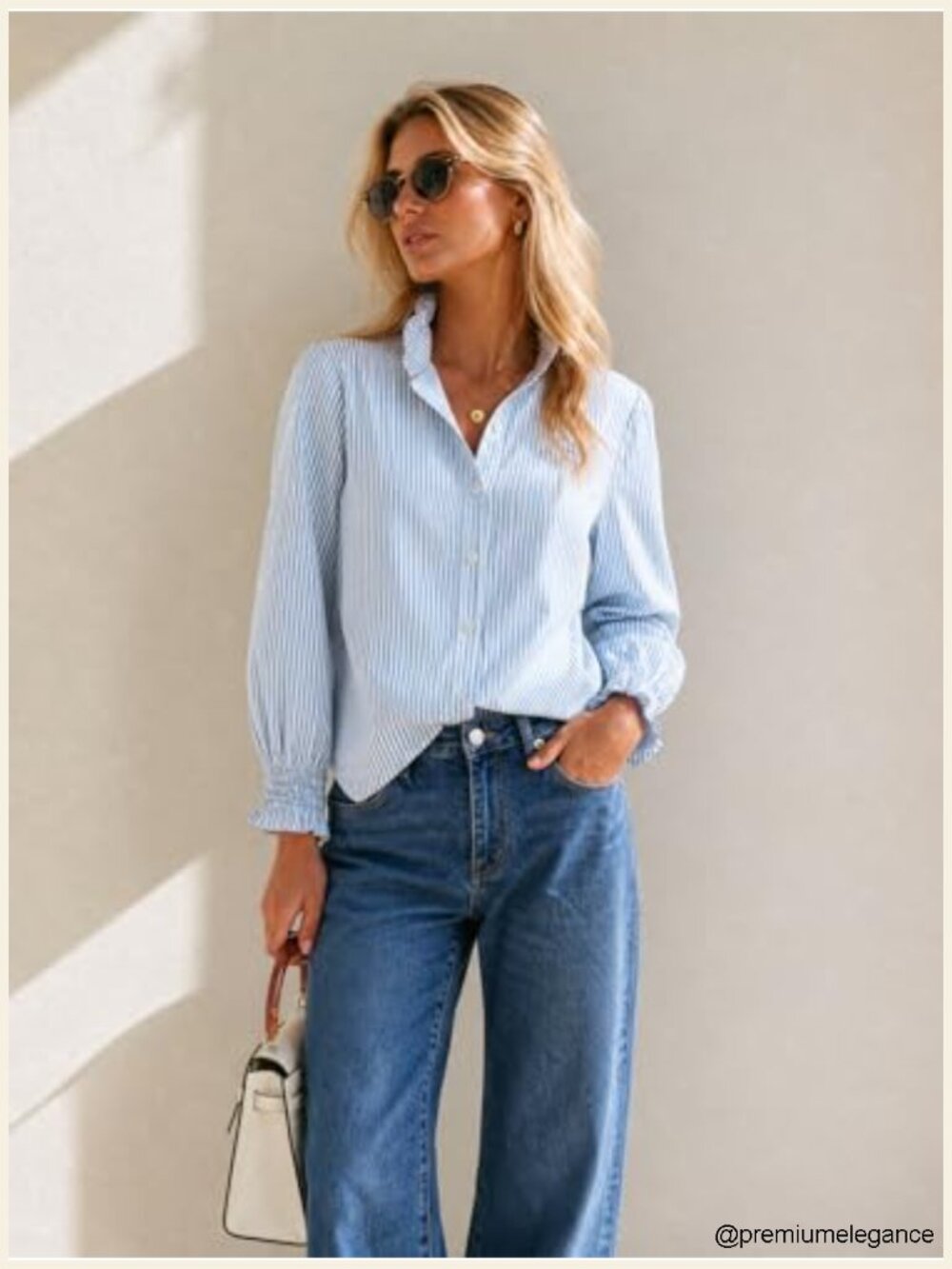 Striped Long Sleeve Button Down Blouse with Ruffle Collar Smocked Cuffs - Picture 3 of 6